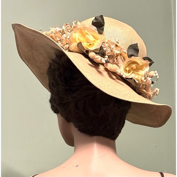 Vintage 1950s Bes-Ben Straw Wide Brim HAT w/Yellow Silk Velvet Flowers RARE - Picture 4 of 8